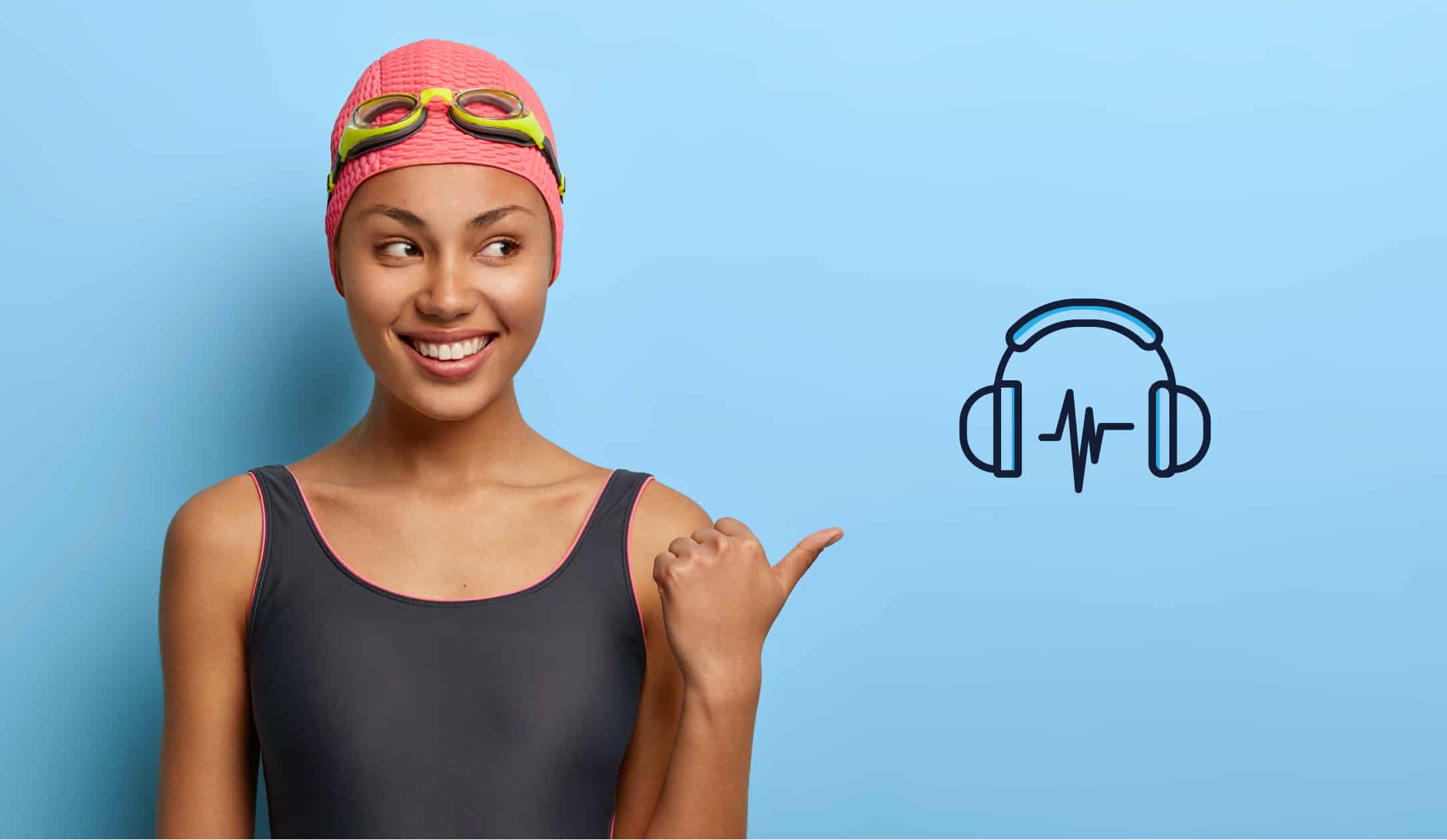 Menina com roupa de natação apontando para um desenho de fones de ouvido.